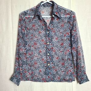 Sheer Blouse Blue Red Colorful Floral Print Allover Button Down Long Sleeves